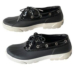 Michael Kors Womens Duck Shoes Black Leather Waterproof Lace Up Boots Hyde, Sz 7